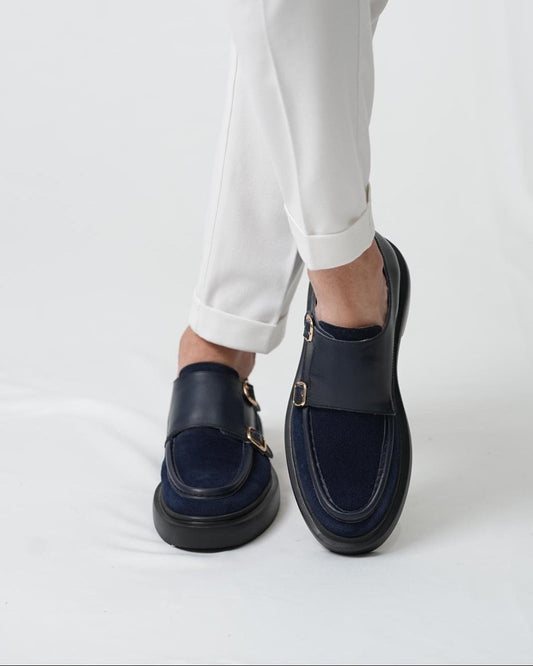 Chaussures Casual Homme Gody Model en Cuir Véritable et Daim Bleu Marine