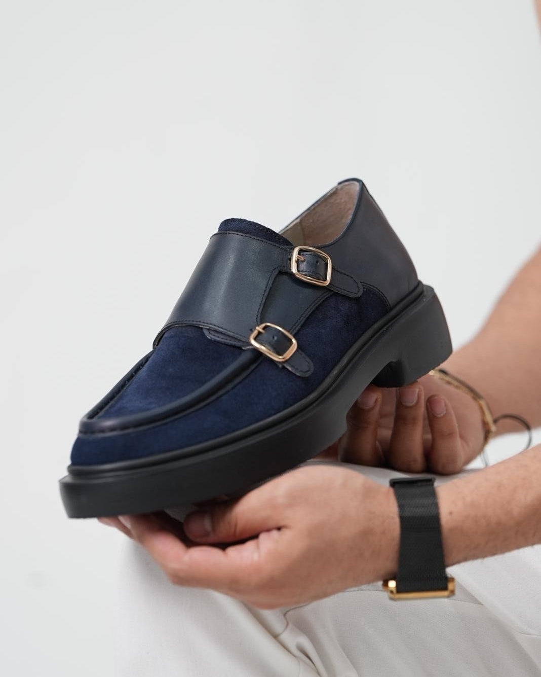Chaussures Casual Homme Gody Model en Cuir Véritable et Daim Bleu Marine