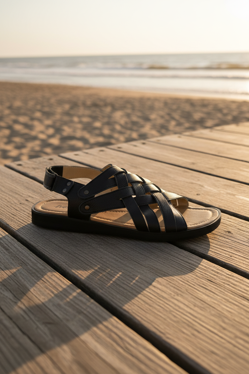 Sandales tressées en cuir noir sur une promenade en bois près de la plage